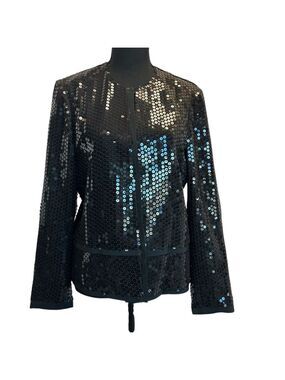 Jeremy D Black sequin open front Blazer jacket Sz L sparkly cocktail party